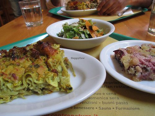 Lasagna, salad and fruit crumble -- all delicious! at Centro Natura in Bologna
