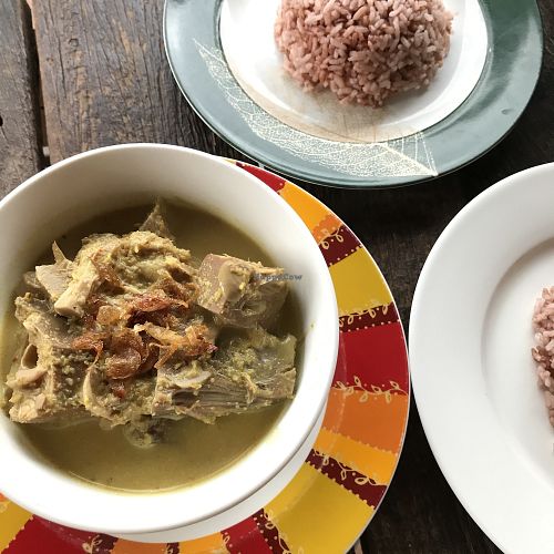 Jackfruit curry with red rice at Puspa's Warung in Ubud