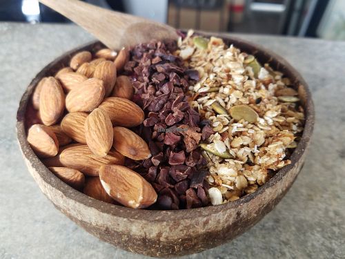 Protein acai bowl with almonds, cacao nibs, and granola at Vida Pura in Jaco