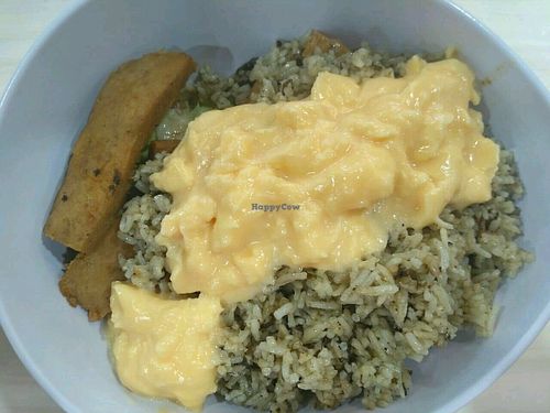 olive rice, scrambled eggs, mock fish at The Crowded Bowl - SIM in West Singapore