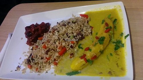 Banana curry 77kn (~10€50)
Grilled banana surrounded with a delicious curry sauce. Served with Brown rice and cranberry chutney. Vegan. Gluten free.  at Nishta in Dubrovnik