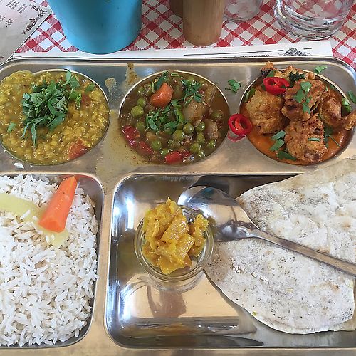 Indian plate-rice, naan, dahl, mango chutney etc at Nishta in Dubrovnik