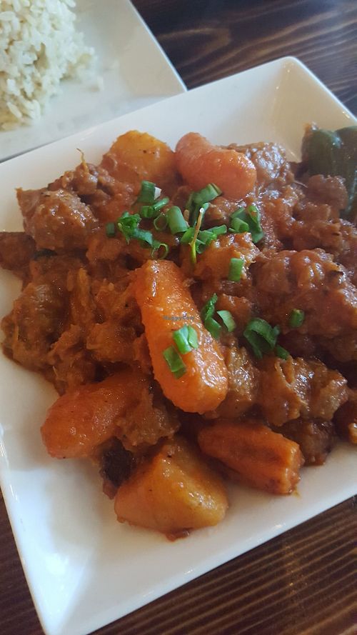 Caldereta carrots and potato with mock beef in a tomato-based sauce at Nick's Kitchen in Daly City