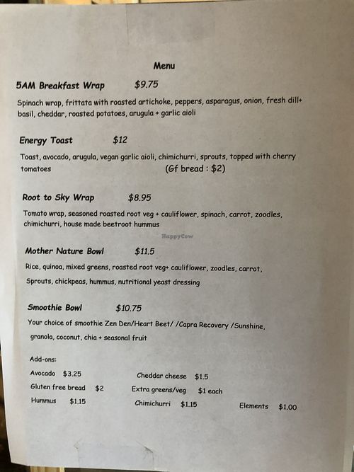 All vegan except the Breakfast Wrap has cheese and also optional cheese “extra” people can add if they want.   at Fuel + Forest Cafe in Squamish