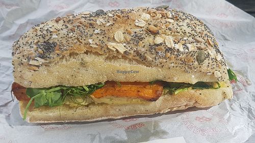Cumin roast carrot, lemon and parsley, hummus, peashoots sandwich at Baltzersens in Harrogate
