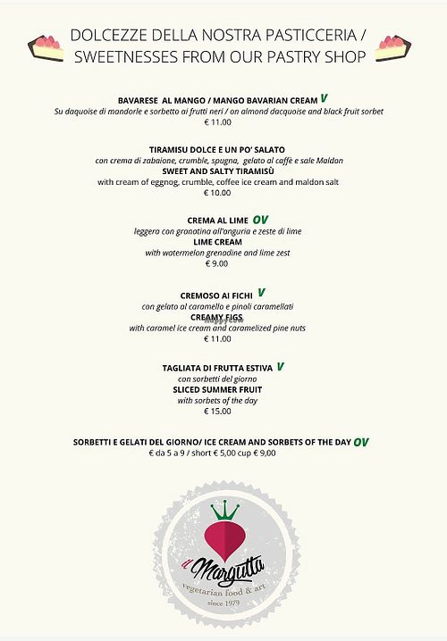 Fall 2021 Menu. V = Vegan, OV = Can be Made Vegan at Il Margutta in Rome