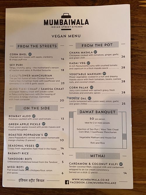 Vegan menu   at Mumbaiwala Indian Street Kitchen in Christchurch