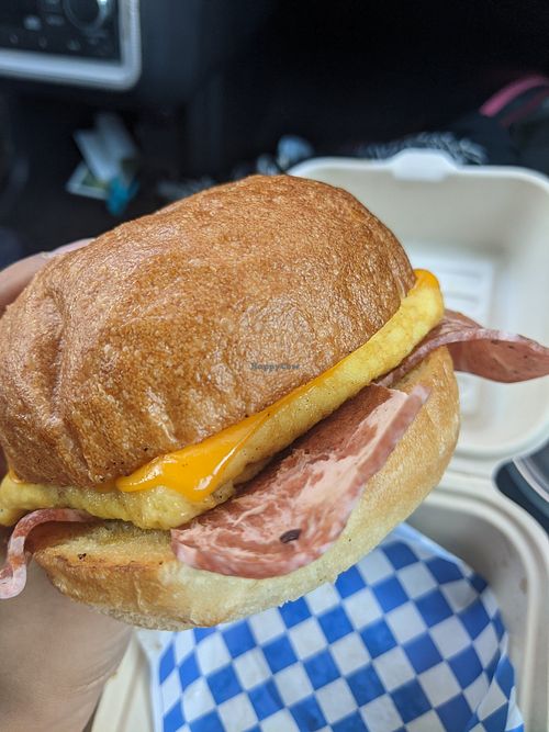 Bacon, egg, and cheese vegan breakfast sandwich. So good! I ask for it with the Just Egg instead of the other egg substitute they use. at Seed Ranger in Ventura