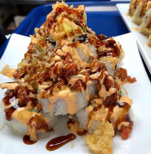 Volcano Roll -California roll with spicy tofu ahi and spicy vegan mayo, eel sauce, and tempura bits. Vegan. at Seed Ranger in Ventura