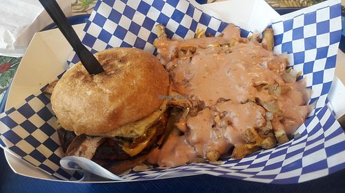 Breakfast burger with animal style fries at Seed Ranger in Ventura