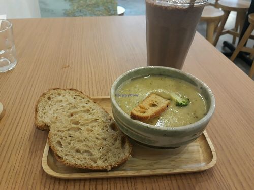 Broccoli soup with sourdough bread - all vegan at Purple Miao in Kuala Lumpur