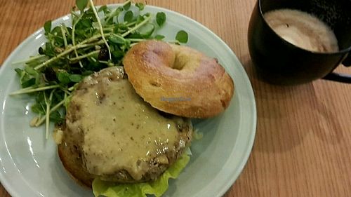 Lentil burger bagel with salad and hot miao at Purple Miao in Kuala Lumpur