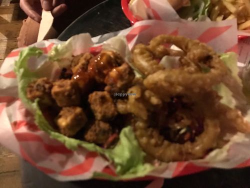 Tofu popcorn and onion rings at The Last Resort in Swansea