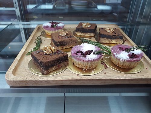 Vegan chocolate pie and raw vegan cheesecake at Rustic & Blue in Chiang Mai