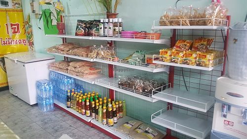 little store with soy granulate and home-made tofu crackers at Ahan Jay Taan Bun in Mukdahan