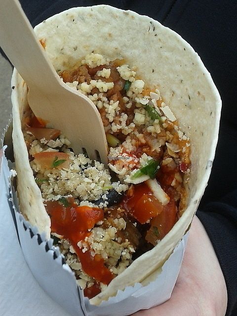 Sloppy Joe wrap with cous cous, salad, salsa and hot sauce at Square Roots in Whitley Bay