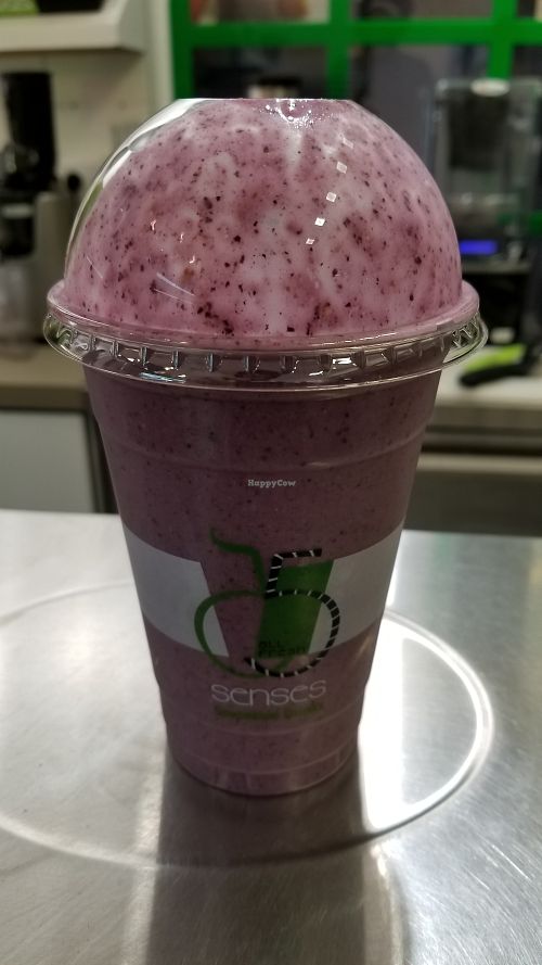 Walnut flaxseed berry vegan smoothie with almond milk at Mr.Greenie in Santorini