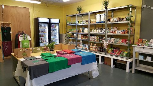 T-shirts and right side of shop at The Vegi Hut in Manchester