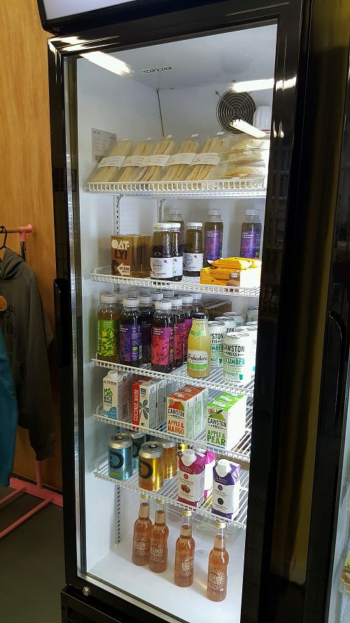 Chiller with sandwiches and juices at The Vegi Hut in Manchester