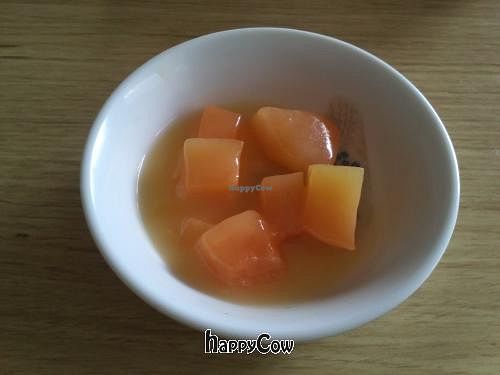 Dessert: melon with custard. at Loto Azul Vegetariano in Bogota