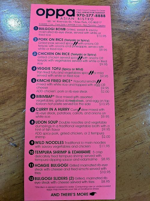 Menu at Oppa Asian Bistro in Estes Park