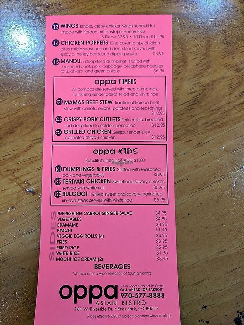 Menu at Oppa Asian Bistro in Estes Park