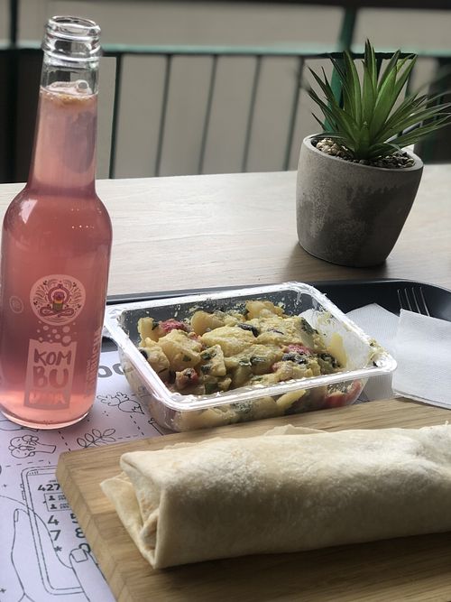Chickpea wrap, potato salad with mustard sauce, kambucha with blueberry at Just Food Market in Ankara