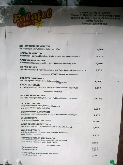 the menu at Falafel Beirut in Heilbronn