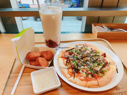 Vegan pizza, chicken nugget and red bean soy milk drink at Green Common - The Forest in Kowloon