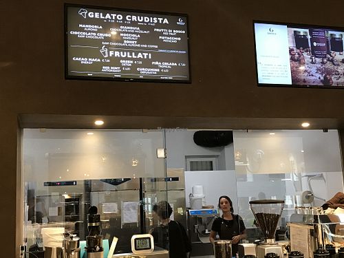 The display of the  flavors of the day at Grezzo Raw Chocolate in Turin