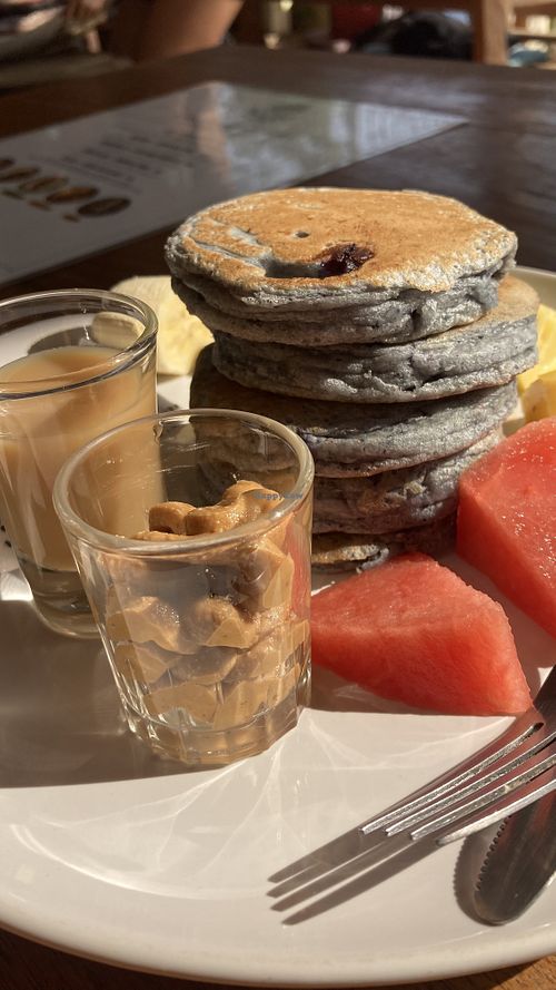 Blueberry pancakes  at Bom Bowls in Pai