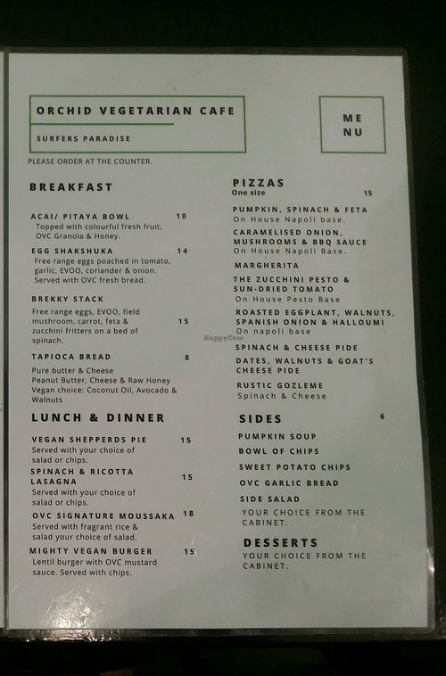 menu 2 at Orchid Vegetarian Cafe in Surfers Paradise