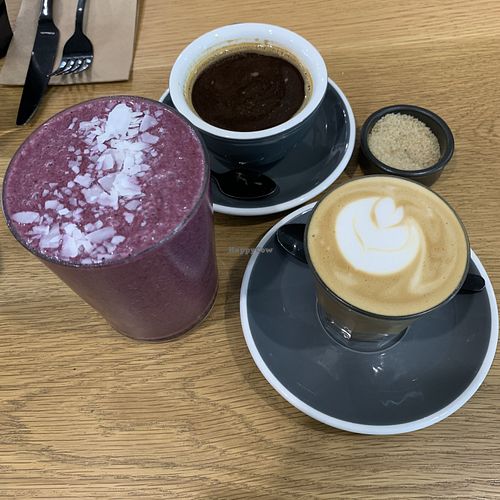 Coffees and purple rain smoothie at Shift Eatery in Surry Hills