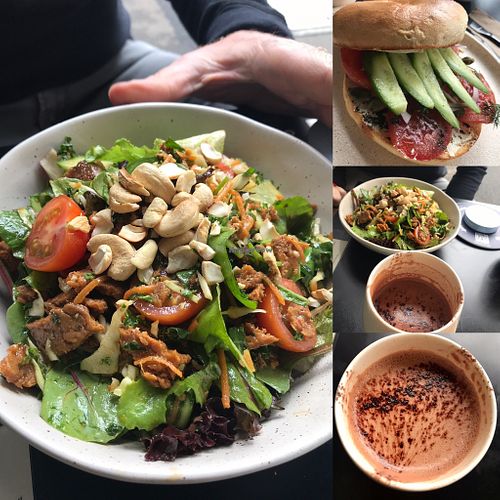 Thai “beef” salad, “salmon” bagel and hot chocolate at Shift Eatery in Surry Hills