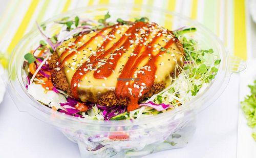 Mixed salad with a burger and vegan cheese at Simple Green & Bake in Zagreb