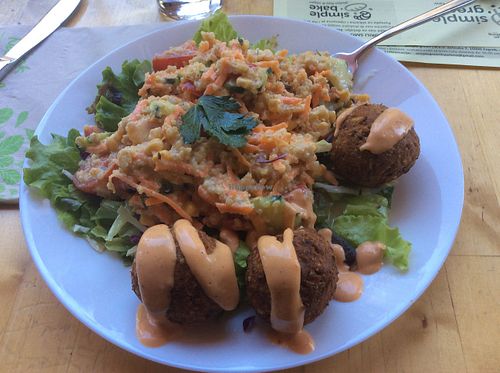A lovely cooling salad and croquettes for a ot sunny day. at Simple Green & Bake in Zagreb
