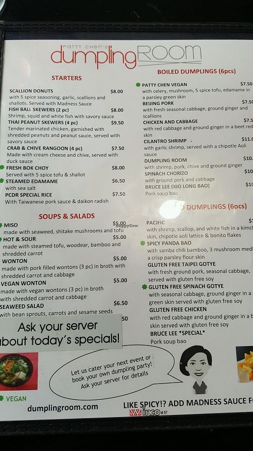 menu at Patty Chen's Dumpling Room in Cambridge