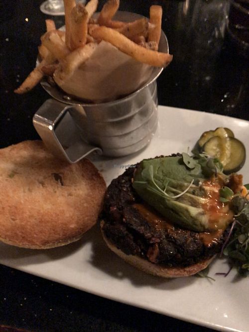 Veggie beet burger with Belgian fries  at Beer Kitchen in Kansas City