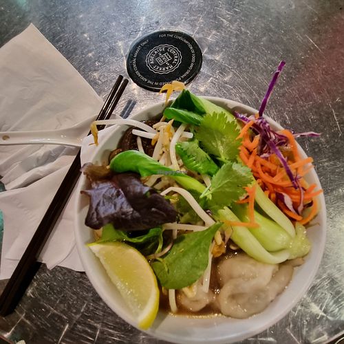 Mushroom Pho with dumplings at Simply Sarj - Market Stall in Adelaide