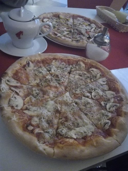 Two vegan pizzas we've bought: mushroom pizza with vegan cheese and vegetable pizza   at L'Acquerello in Riga