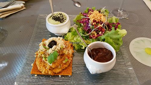 Raw pizza, plum chutney, zucchini hummus at Douceurs Vegetales in Toulouse