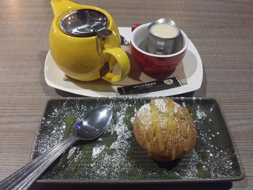 Orange and poppyseed muffin and tea. They have a tea/coffee and cake deal for $11  at Zagame's in Caulfield