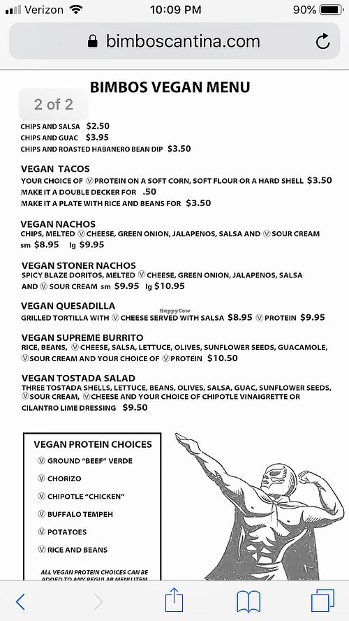 Vegan menu  at Bimbos Cantina in Seattle