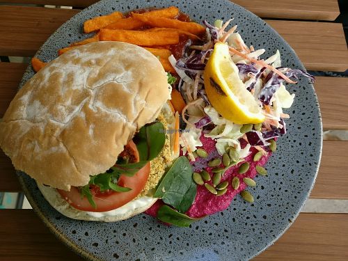 falafel burger with sweet potato fries and coleslaw at Empire Beans in Gisborne