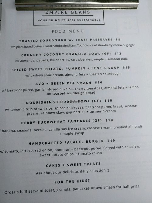 main menu at Empire Beans in Gisborne