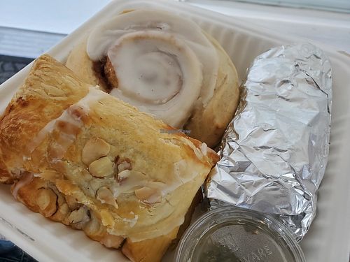 Bear claw cinnamon roll and a breakfast burrito at Timeless Coffee Roasters and Bakery in Berkeley
