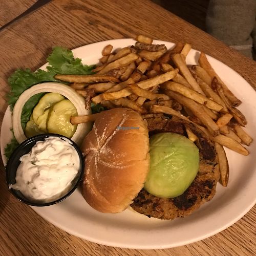Vegan GF burger with dairy tzatziki on the side at Offshore Ale Co in Oak Bluffs