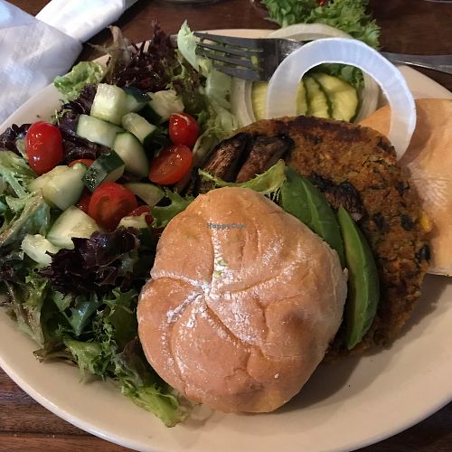Vegan burger with salad at Offshore Ale Co in Oak Bluffs