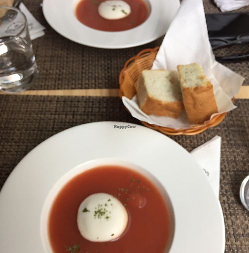 beetroot soup with soymilk cream at The Vegvolution Kitchen in Hong Kong Island