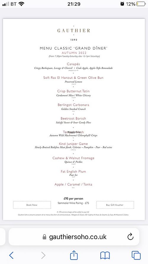 Taster menu for Autumn   at Gauthier Soho in London